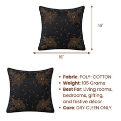 Handcrafted Cushion Cover – Black | 16"x16" | Floral Embroidered Decorative Cushion Cover