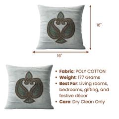 Handcrafted Gray Cushion Cover – 16"x16" | Traditional Embroidered Motif | Premium Poly Cotton
