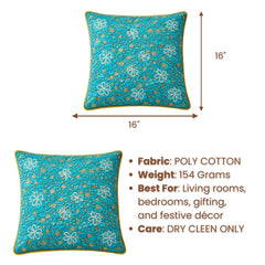 Hand Crafted Cushion Cover – Turquoise | 16"x16" | Poly Cotton | Floral Embroidered Sequin Design