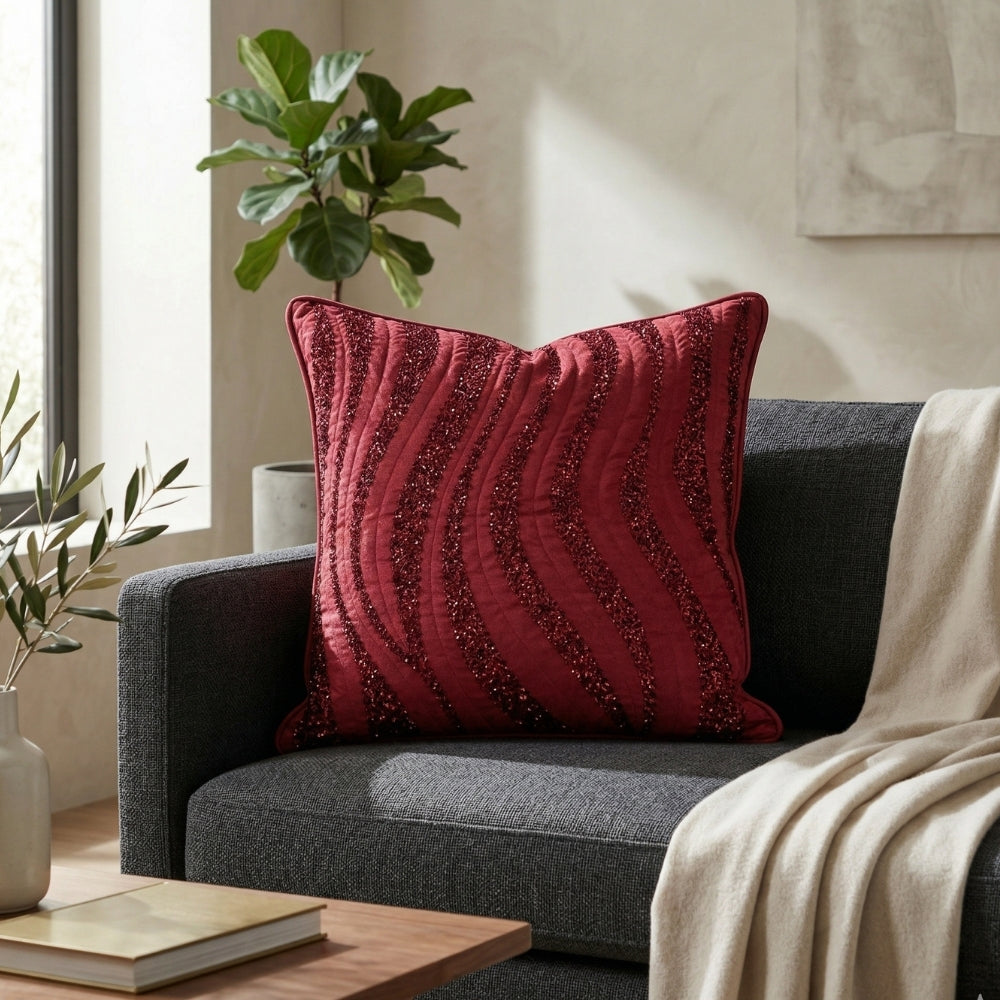 Handcrafted Cushion Cover – Maroon | 16"x16" | Designer Wave Pattern Decorative Cushion Cover