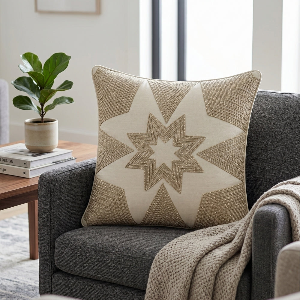Machine Crafted White Cushion Cover – 16"x16" | Geometric Star Patchwork Embroidery | Premium Poly-Cotton Decorative Cushion Cover