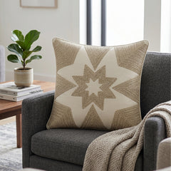 Machine Crafted White Cushion Cover – 16"x16" | Geometric Star Patchwork Embroidery | Premium Poly-Cotton Decorative Cushion Cover