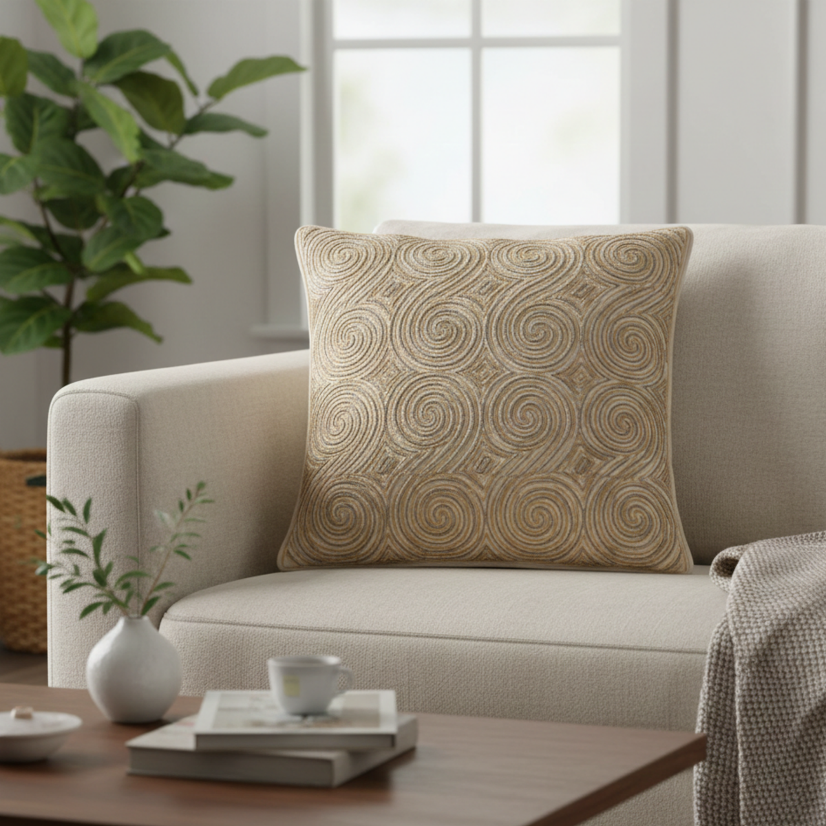 Handcrafted Cream Cushion Cover – 16"x16" | Swirl Geometric Embroidered Design | Premium Poly Cotton