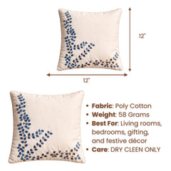 Hand Crafted Cushion Cover – Cream | 12"x12" | Poly Cotton Fabric | Embroidered Floral Vine Design