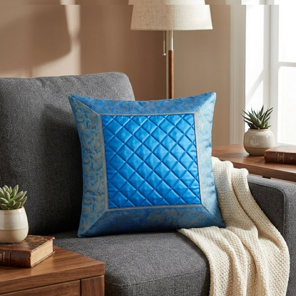 Fabric Crafted Cushion Cover – Blue | 12"x12" | Poly Cotton Fabric | Premium Quilted Center with Designer Border