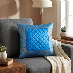 Fabric Crafted Cushion Cover – Blue | 12"x12" | Poly Cotton Fabric | Premium Quilted Center with Designer Border
