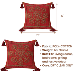 Handcrafted Maroon Cushion Cover – 12"x12" | Circular Embroidered Motif | Tassel Accents | Premium Poly Cotton