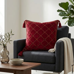 Hand Crafted Cushion Cover – Maroon | 16"x16" | Poly Cotton | Embroidered Geometric Pattern with Tassels