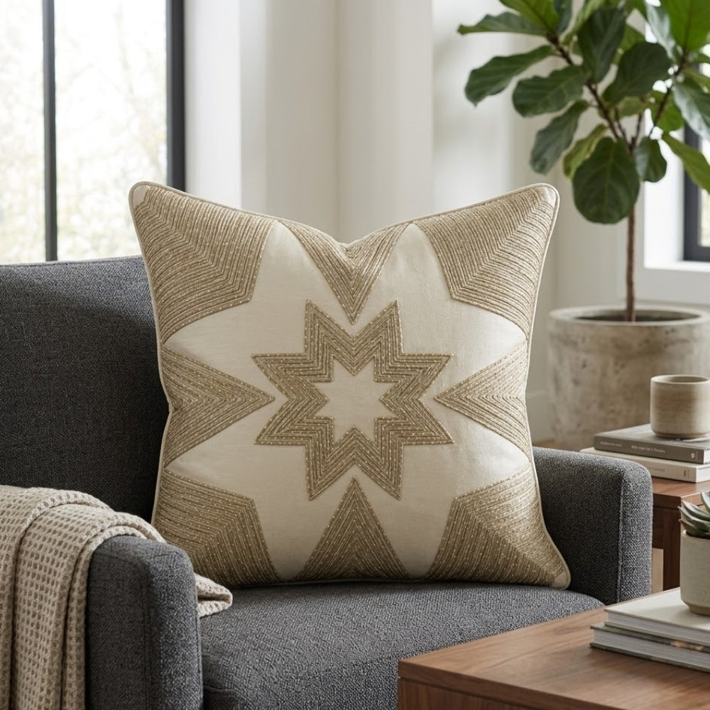 Machine Crafted Beige Cushion Cover – 16"x16" | Geometric Star Patchwork Embroidery | Premium Poly-Cotton Decorative Cushion Cover