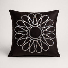 Hand Crafted Cushion Cover – Black | 16"x16" | Poly Cotton Fabric | Work Floral Design