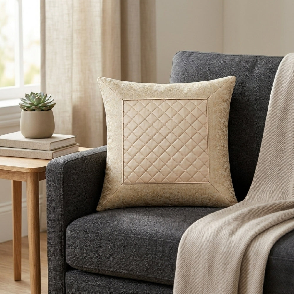 Fabric Crafted Cushion Cover – Cream | 12"x12" | Poly Cotton Fabric | Premium Quilted Center with Textured Border