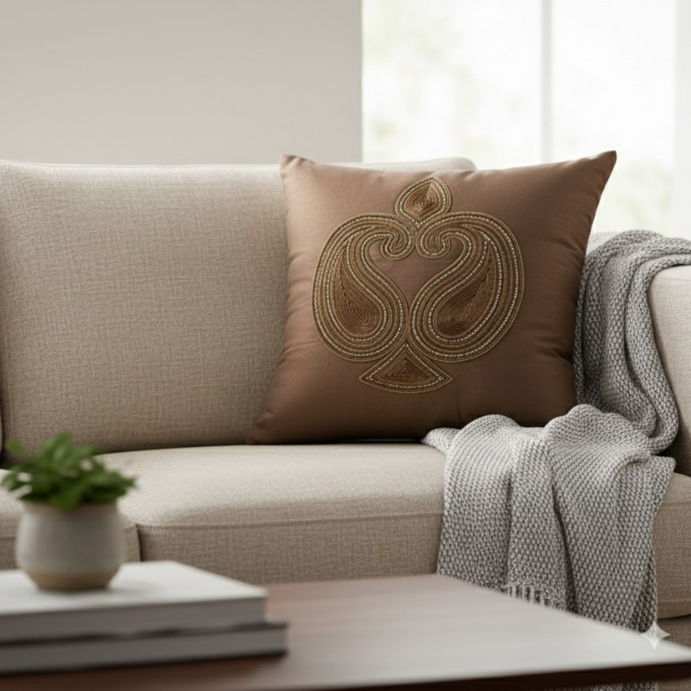 Handcrafted Brown Cushion Cover – 16"x16" | Traditional Embroidered Motif | Premium Poly Cotton