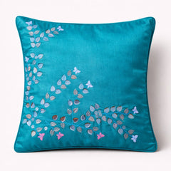 Hand Crafted Cushion Cover – Turquoise | 12"x12" | Poly Cotton Fabric | Embroidered Floral Vine Design