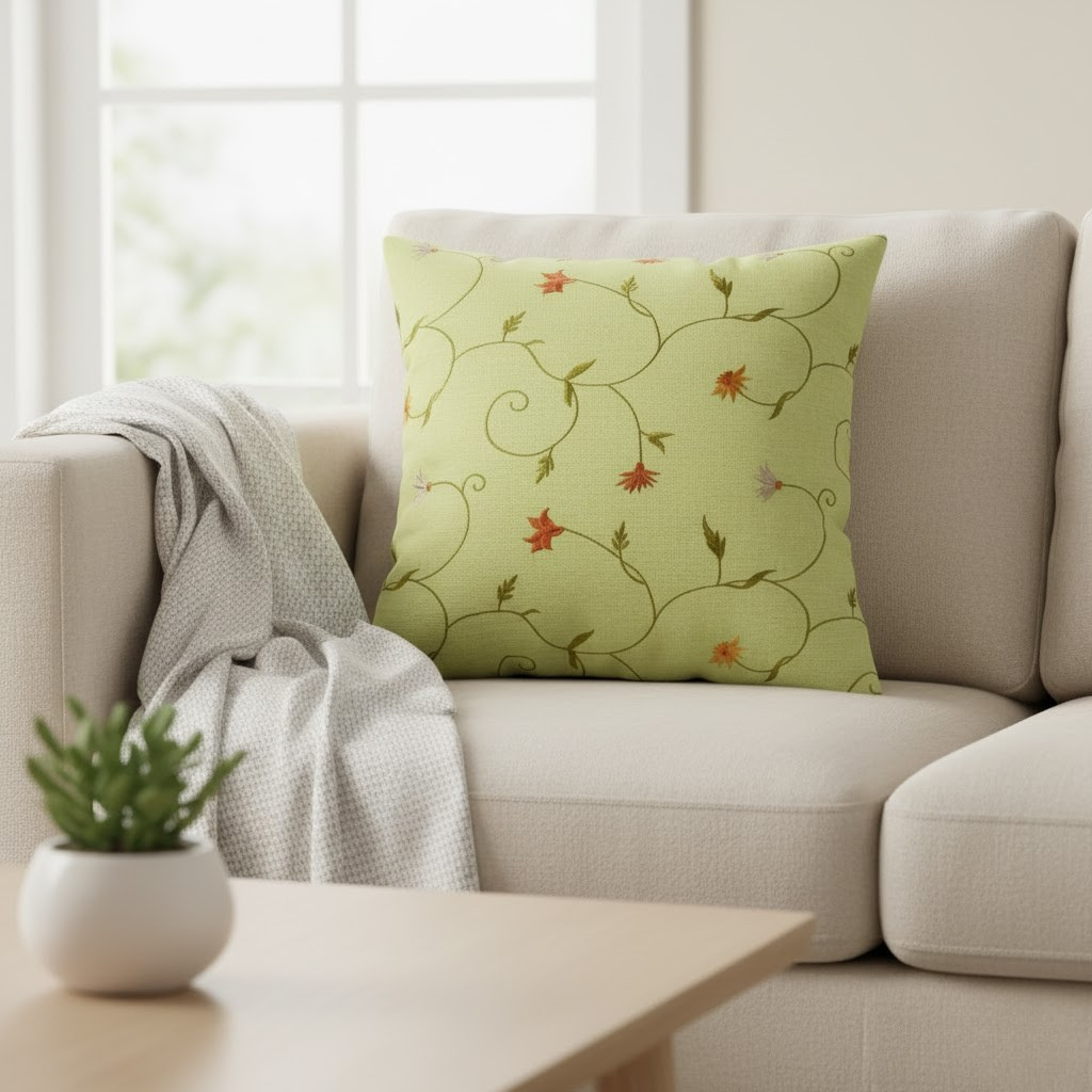 Machine-Crafted Green Cushion Cover – 16"x16", Premium Poly Cotton