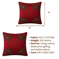 Fabriccrafted Cushion Cover – Maroon | 16"x16" | Floral Embroidered Decorative Cushion Cover