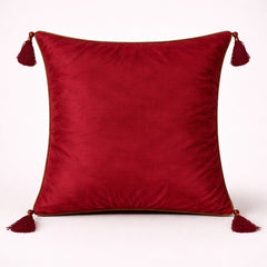Hand Crafted Cushion Cover – Maroon | 16"x16" | Poly Cotton | Embroidered Geometric Pattern with Tassels