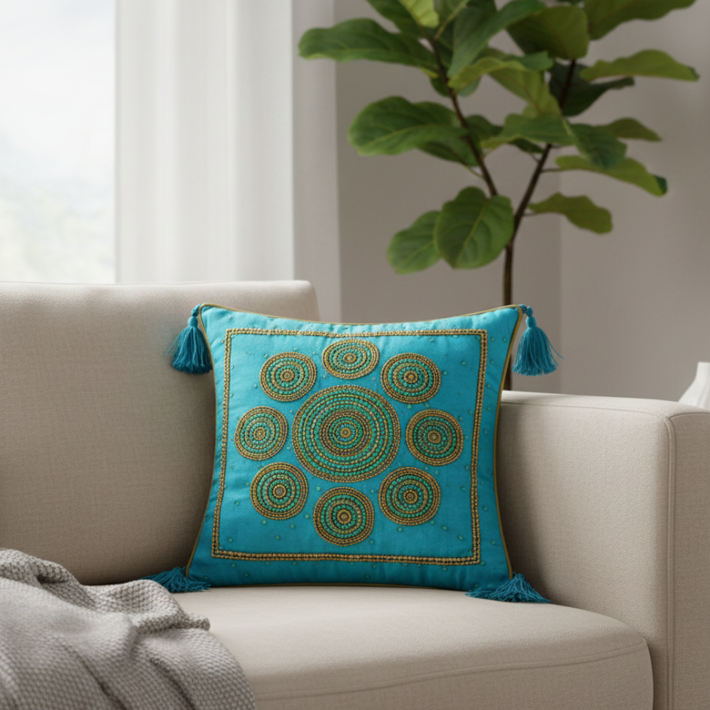 Handcrafted Turquoise Cushion Cover – 12"x12" | Circular Embroidered Motif | Tassel Accents | Premium Poly Cotton