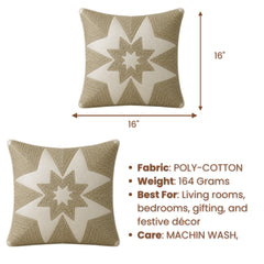 Machine Crafted Beige Cushion Cover – 16"x16" | Geometric Star Patchwork Embroidery | Premium Poly-Cotton Decorative Cushion Cover