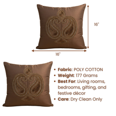 Handcrafted Brown Cushion Cover – 16"x16" | Traditional Embroidered Motif | Premium Poly Cotton