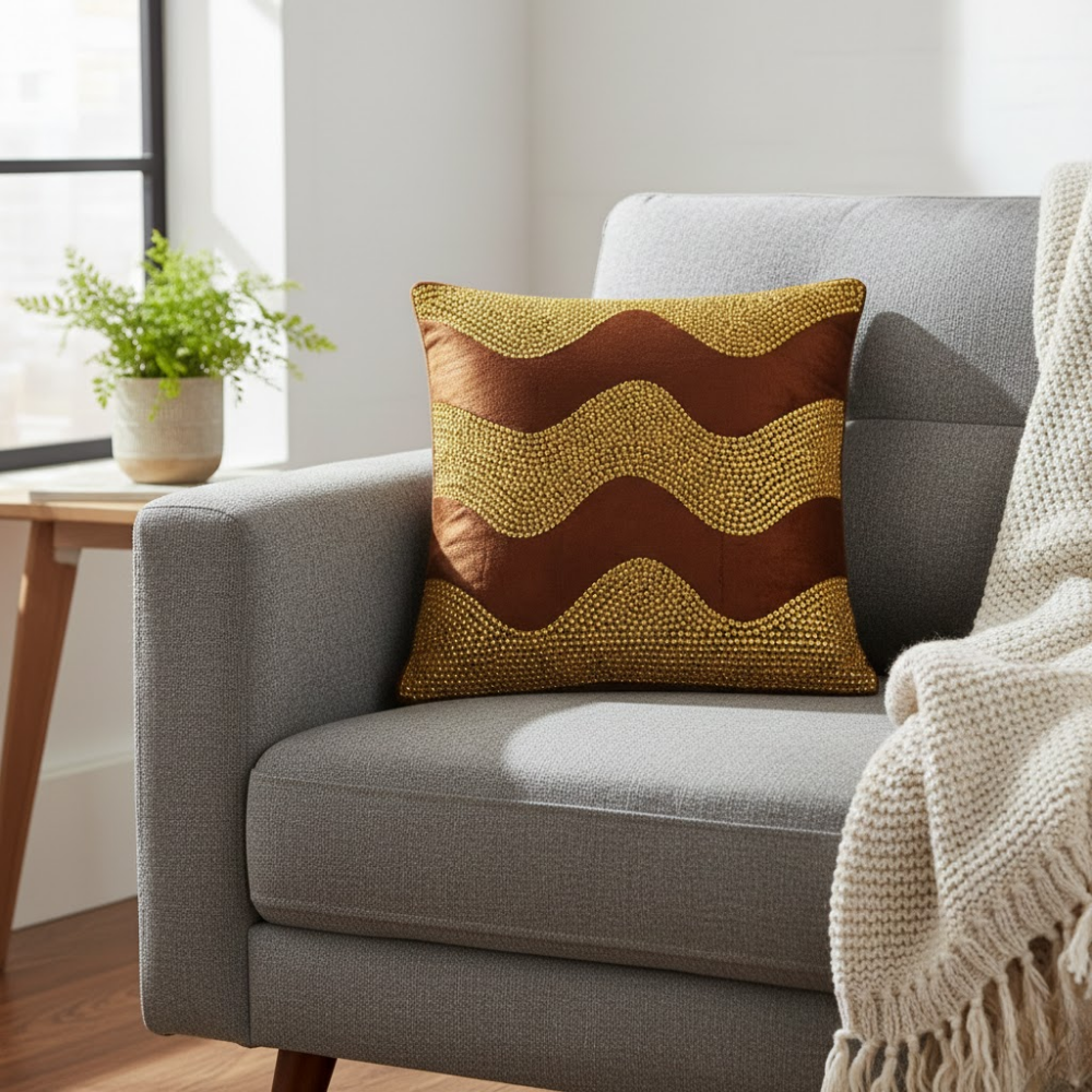 Hand-Crafted Cushion Cover – Brown Gold | 12"x12" | Poly Chenille-Cotton | Festive Luxe Accent