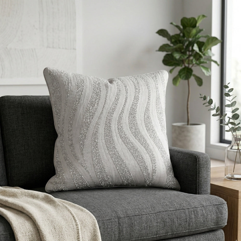 Handcrafted Cushion Cover – White | 16"x16" | Designer Wave Pattern Decorative Cushion Cover