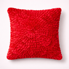 Fabric Crafted Cushion Cover – Red | 12"x12" | Poly Cotton Foam | Circular Ruffle Design