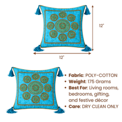 Handcrafted Turquoise Cushion Cover – 12"x12" | Circular Embroidered Motif | Tassel Accents | Premium Poly Cotton