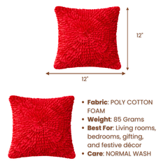 Fabric Crafted Cushion Cover – Red | 12"x12" | Poly Cotton Foam | Circular Ruffle Design