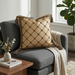 Hand Crafted Cushion Cover – Beige | 16"x16" | Poly Cotton | Embroidered Geometric Pattern with Tassels