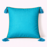 Handcrafted Turquoise Cushion Cover – 12"x12" | Circular Embroidered Motif | Tassel Accents | Premium Poly Cotton