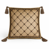 Hand Crafted Cushion Cover – Beige | 16"x16" | Poly Cotton | Embroidered Geometric Pattern with Tassels