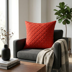 Hand Crafted Cushion Cover – Coral | 16"x16" | Poly Cotton | Diamond Quilted Stud Design