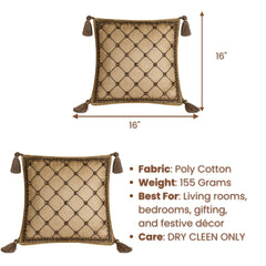 Hand Crafted Cushion Cover – Beige | 16"x16" | Poly Cotton | Embroidered Geometric Pattern with Tassels
