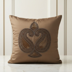 Handcrafted Light Brown Cushion Cover – 16"x16" | Traditional Embroidered Motif | Premium Poly Cotton