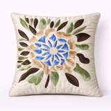 Handcrafted Cream Cushion Cover – 16"x16" | Floral Leaf Embroidered Design | Premium Poly Cotton