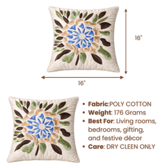 Handcrafted Cream Cushion Cover – 16"x16" | Floral Leaf Embroidered Design | Premium Poly Cotton