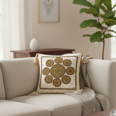 Handcrafted Cream Cushion Cover – 12"x12" | Circular Embroidered Motif | Tassel Accents | Premium Poly Cotton
