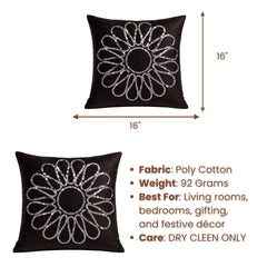 Hand Crafted Cushion Cover – Black | 16"x16" | Poly Cotton Fabric | Work Floral Design