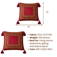 Hand Crafted Cushion Cover – Maroon | 16"x16" | Poly Cotton | Embroidered Border Design