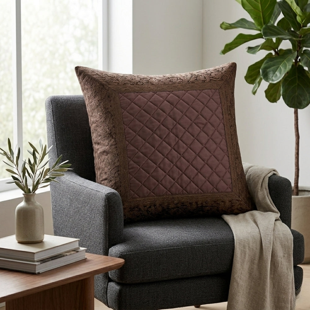 Fabric Crafted Cushion Cover – Brown | 16"x16" | Poly Cotton Fabric | Premium Quilted Center with Textured Border
