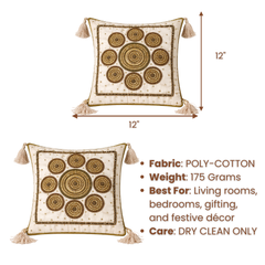 Handcrafted Cream Cushion Cover – 12"x12" | Circular Embroidered Motif | Tassel Accents | Premium Poly Cotton