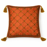 Hand Crafted Cushion Cover – Orange | 16"x16" | Poly Cotton | Embroidered Geometric Pattern with Tassels