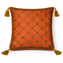 Hand Crafted Cushion Cover – Orange | 16"x16" | Poly Cotton | Embroidered Geometric Pattern with Tassels