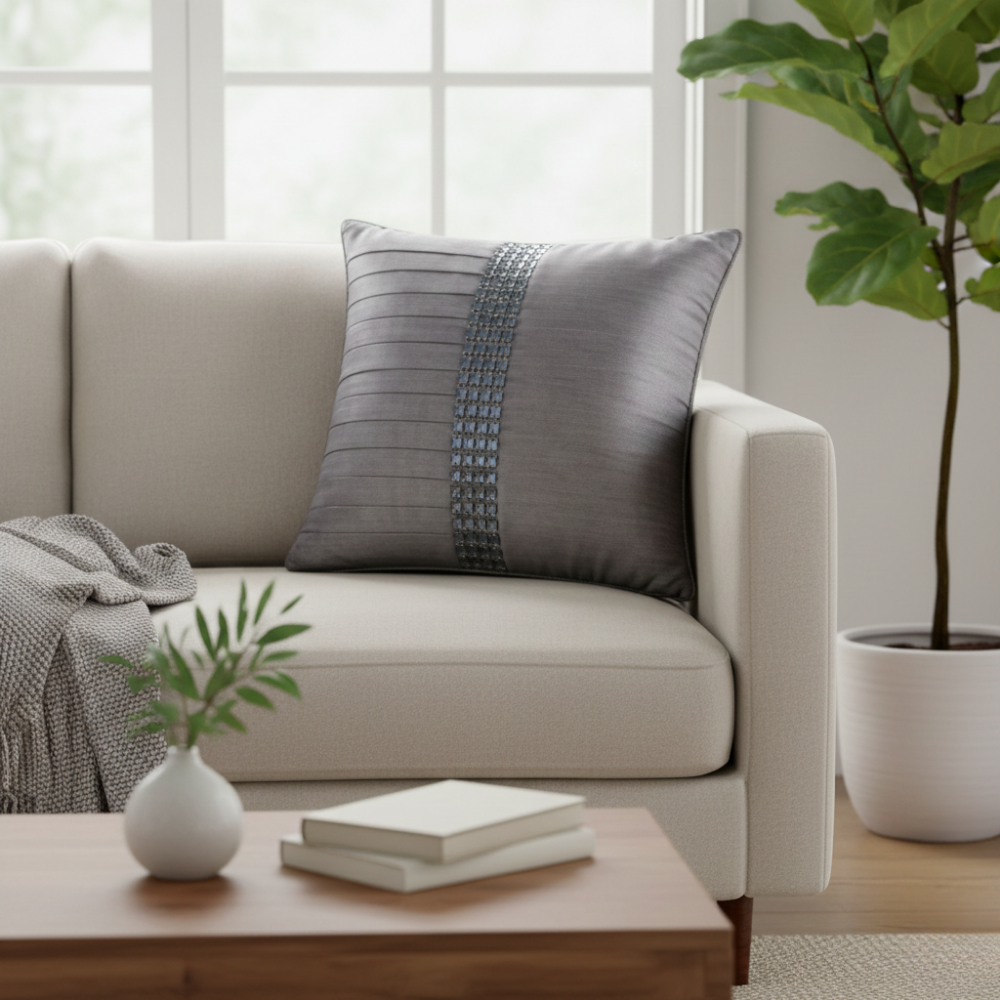 Hand Crafted Cushion Cover – Grey | 16"x16" | Poly Cotton | Pleated Panel Design