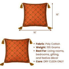 Hand Crafted Cushion Cover – Orange | 16"x16" | Poly Cotton | Embroidered Geometric Pattern with Tassels