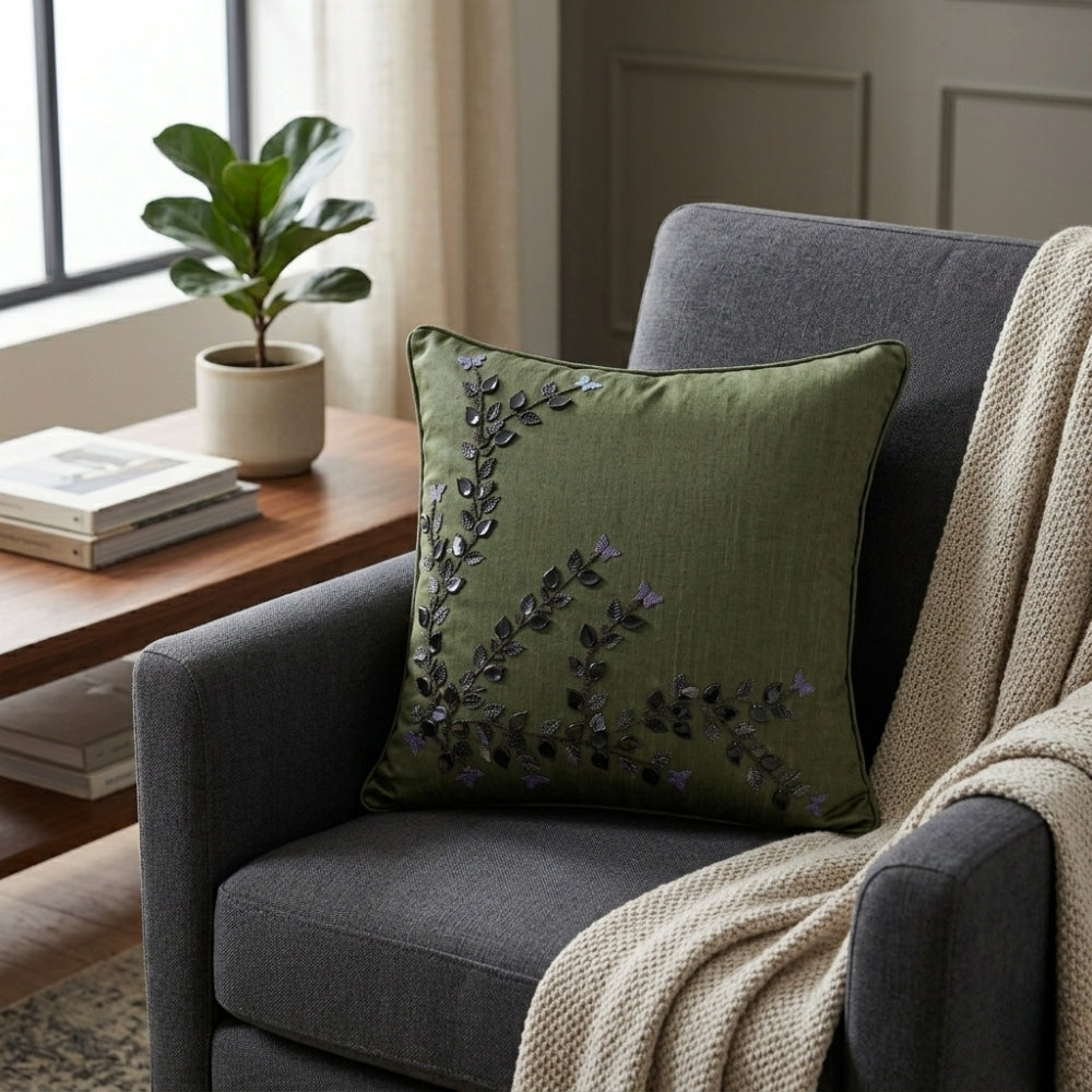 Hand Crafted Cushion Cover – Green | 12"x12" | Poly Cotton Fabric | Embroidered Floral Vine Design