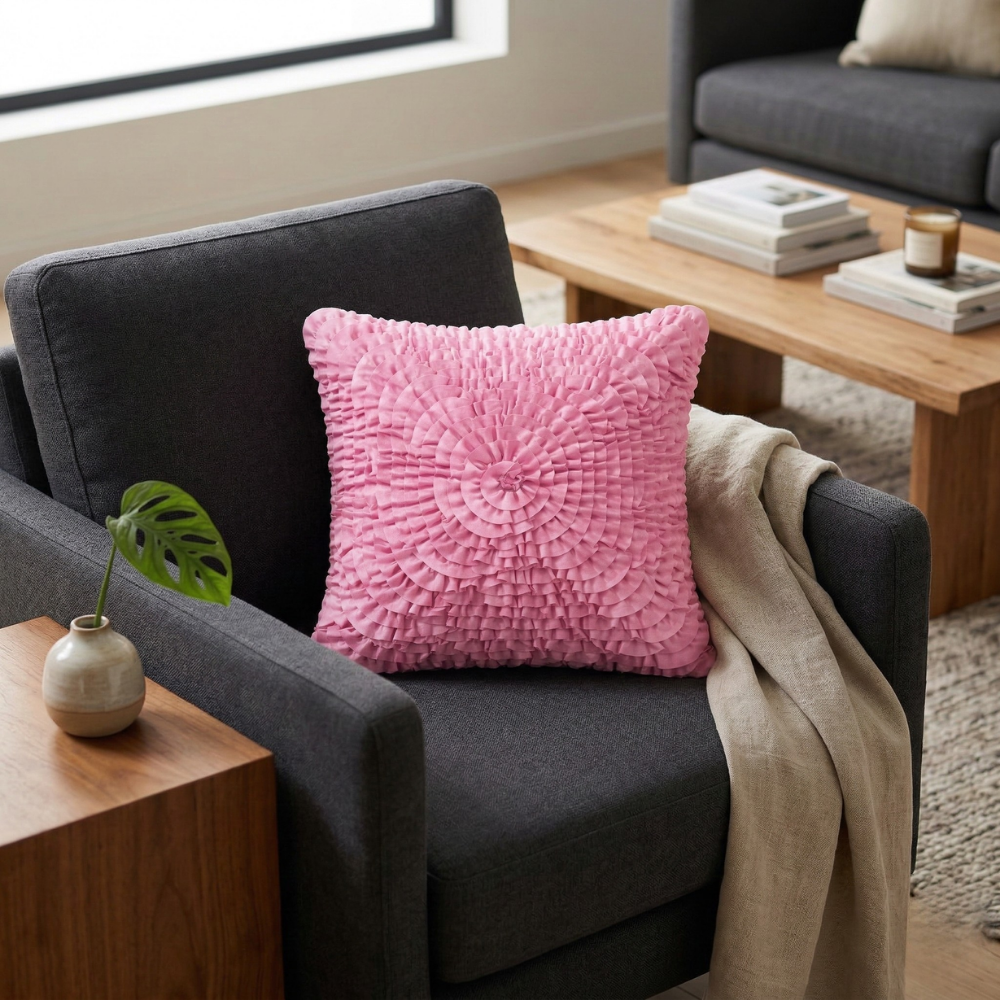 Fabric Crafted Cushion Cover – Pink | 12"x12" | Poly Cotton Foam | Circular Ruffle Design