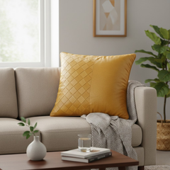 Fabric Crafted Cushion Cover – Yellow | 16"x16" | Poly Cotton | Premium Textured Design