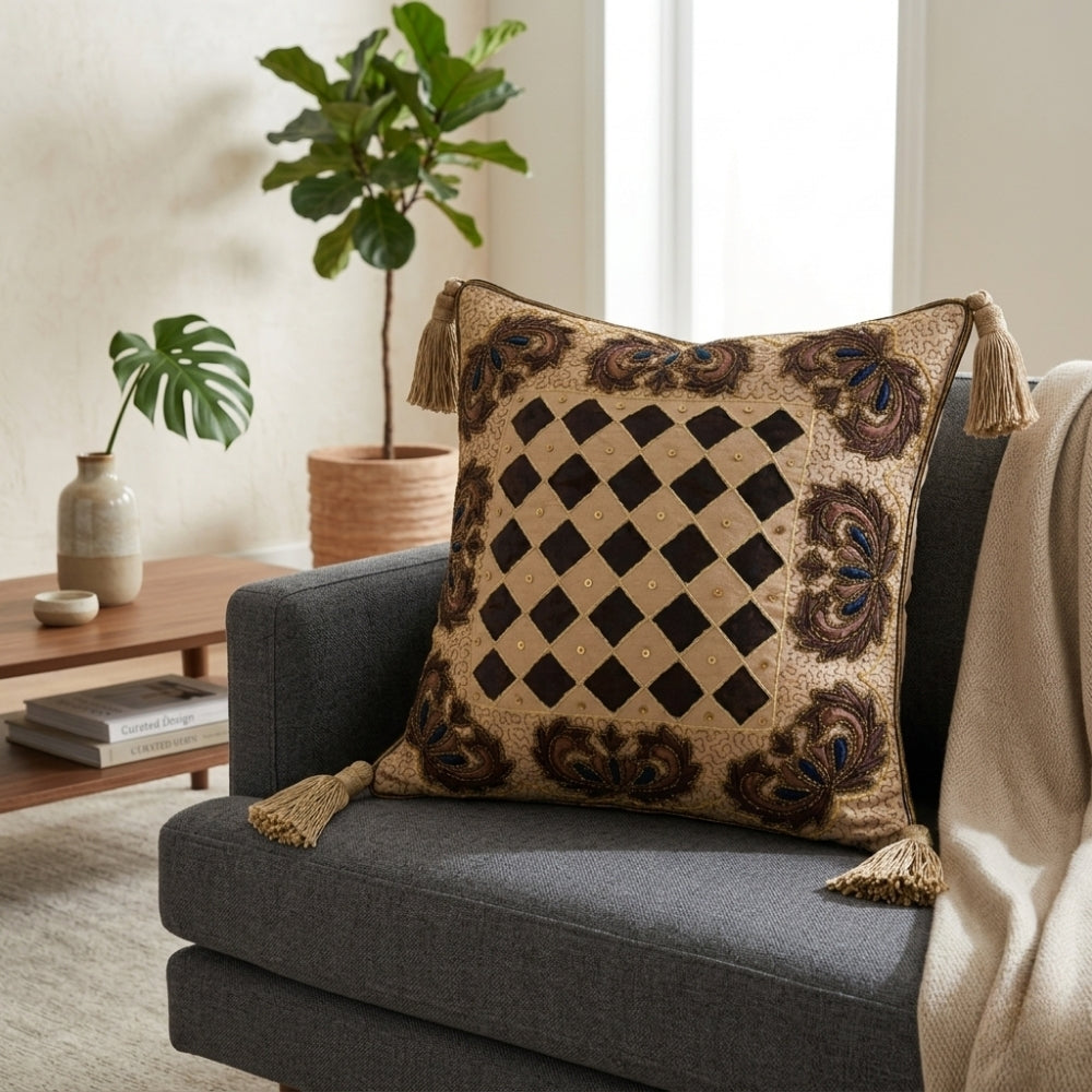 Handcrafted Cushion Cover – Brown | 16"x16" | Embroidered Diamond Pattern Decorative Cushion Cover
