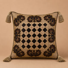 Handcrafted Cushion Cover – Brown | 16"x16" | Embroidered Diamond Pattern Decorative Cushion Cover